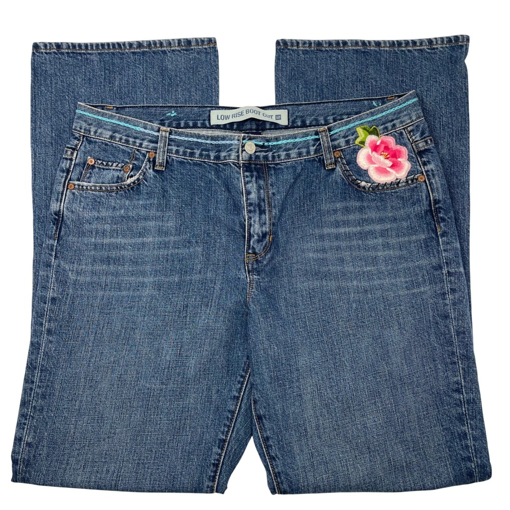 VTG Y2K GAP Embroidered Boot Cut Jeans Women's 16 Blue Denim Floral Boho‎ 2000s